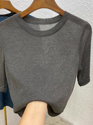 欧洲站灰色面膜短袖T恤女春圆领微透薄款宽松大码上衣胖mm高级感