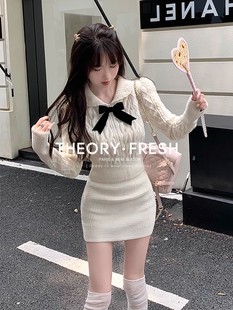 theoryfresh法式千金感韩系蝴蝶结，修身毛衣短裙套装，女洋气ins风