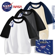 NASA联名纯棉插肩短袖T恤男女款美式重磅撞色五分袖情侣款上衣服