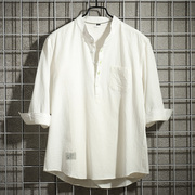 夏季短袖白衬衫男士薄款韩版潮流休闲亚麻中袖五分半袖七分袖衬衣