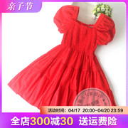 女童红色连衣裙夏装儿童泡泡袖纯棉公主裙中大童女孩夏季礼服裙子