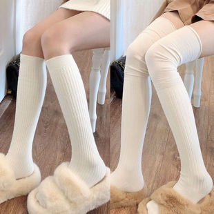 秋冬辣妹米白色小腿袜女显瘦保暖白色长筒袜灰色过膝袜堆堆中筒袜