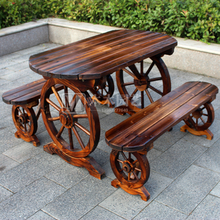 碳化实木庭院阳台车轮，桌凳咖啡桌椅，田园花园茶几三件套休闲组合