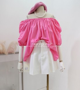 粉色娃娃衫2024夏季韩国女装，衬衫宽松显白一字领露肩温柔仙气上衣