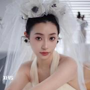 韩式新娘甜美蓬蓬纱花朵头饰婚纱礼服配饰超仙气质长头纱婚纱配饰