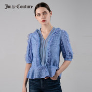 Juicy Couture橘滋夏季设计感蕾丝上衣女网格泡泡袖短袖洋气