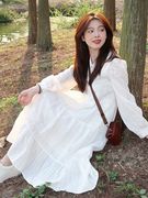 2024年女装早秋季法式长裙清纯白色长袖连衣，裙子高级感公主裙