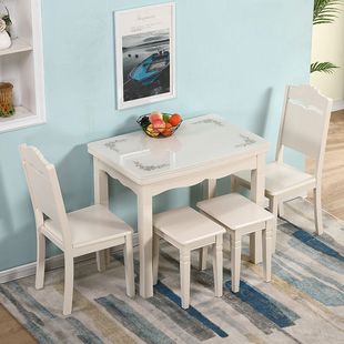 新折叠(新折叠)餐桌小户型，实木钢化玻璃面白色，轻奢现代简约家用吃饭桌椅组