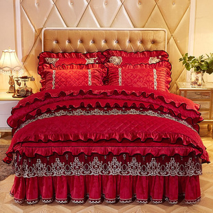 结婚欧式床裙四件套，刺绣大红色夹棉加厚保暖天鹅绒，婚庆加绒床罩款