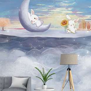 北欧儿童房墙布可爱兔子电视，背景墙纸客厅沙发墙壁纸卡通月亮壁布
