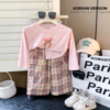 女童套装24春季韩版小熊，长袖t恤女宝宝棉布格子工装裤两件套