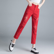 八分烟管裤女夏季薄款红色，牛仔裤女直筒宽松高腰，显瘦九分破洞裤子