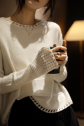 羊毛衫女薄款高级感白色，优雅圆领宽松套头镂空针织，打底衫短款毛衣