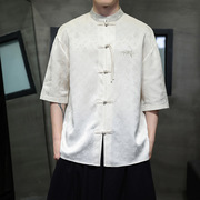 新汉男装七分暗纹提花元素袖衬衫衬衣盘扣男士中国中式大码白色风