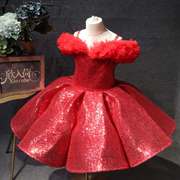 欣入荷短款红色礼服演出公主蓬裙主持走秀亮片快乐阳光女童时尚