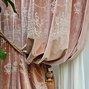 高档绒布刺绣红色丝绒绣花欧式复古轻奢卧室遮光客厅高档窗帘美式