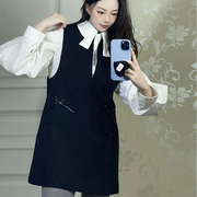 无袖连衣裙两件套装高级v领背心裙a字黑色法式高腰韩版直筒短款
