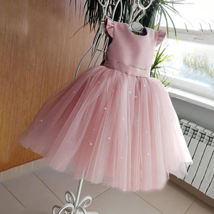 粉红色儿童晚礼服蓬蓬纱气质，女童2020模特走秀公主裙主持人演出服
