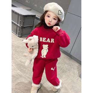 韩系童装2023秋冬装男童女童运动套装儿童红色加绒卡通卫衣裤