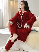 三层夹棉睡衣女，冬季珊瑚绒中长款红色，睡袍加绒超厚保暖家居服套装
