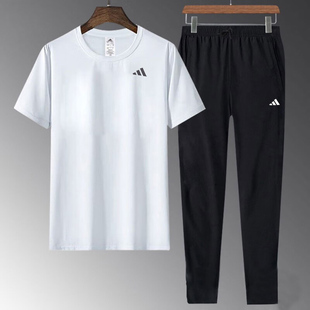 阿迪达斯男子圆领白色快干休闲T恤短袖长裤两件套运动跑步套装男
