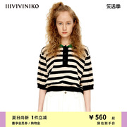 IIIVIVINIKO夏季条纹撞色短袖套头针织衫女R230190673A