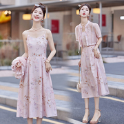 新中式印花两件套2024夏装雪纺连衣裙，天丝套装小个子休闲套裙