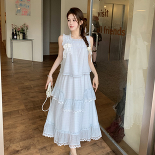 miu系搭配一整套2024夏季蓝色蝴蝶结蕾丝背心+花边蛋糕半身裙套装