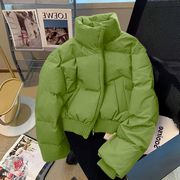 韩版绿色棉衣棉服女装，2023秋冬季棉袄，加厚立领面包服高腰短款外套