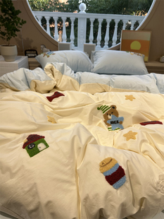 日系卡通水洗棉毛巾绣小熊，床上四件套全棉，1.5m1.8米宿舍公寓被套