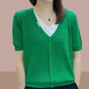 绿色v领冰丝针织短袖t恤女夏季宽松假开衫撞色高端大牌假两件上衣