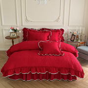 婚庆水洗棉床上四件套床裙夹棉大红色被套床单床品绗缝床盖三件套