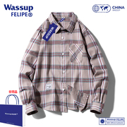 WASSUP FELIPS2023年复古格纹男女衬衫重磅水洗休闲外套蓝