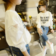 韩版童装女童卫衣春秋装白色宽松中大童长袖t恤 镂空洋气上衣