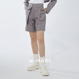 N·MORE设计师品牌 春季新品  银空灰斜腰头装饰口袋五分西装短裤