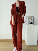 秋季大码砖红色西装套装女胖mm200斤韩版宽松西服垂感阔腿裤