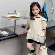 韩国女童蕾丝娃娃衫+吊带，两件套夏季时尚泡泡，袖上衣打底衫套