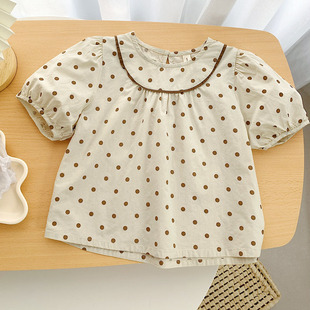 24夏季女童波点复古娃娃衫，儿童纯棉洋气泡泡，短袖上衣宝宝衬衫