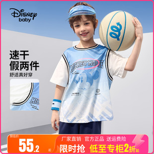 迪士尼童装男童网眼速干假两件短袖T恤男孩篮球服2024夏装运动t桖