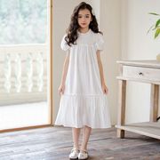 女童白色连衣裙2024年夏装，泡泡袖裙子中大童韩版洋气度假裙潮