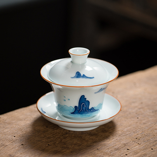 纯手工手绘填彩三才中盖碗茶杯德化白瓷单个功夫泡茶陶瓷茶具