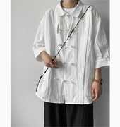 新中式男装中国风盘扣七分袖棉麻衬衫外套夏季唐装褶皱半袖衬衣潮