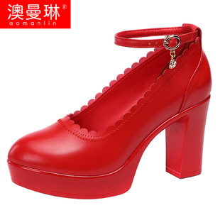 防滑演出模特绑带T红色粗跟厚底单鞋女大码专用台脚环走秀高跟鞋