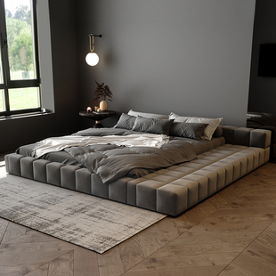 北欧榻榻米落地布艺床现代简约1.8米主卧床小户型科技绒布软床