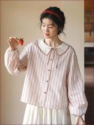 拼接系带长袖娃娃领条纹，衬衫女2024气质上衣树莓红条纹衬衫