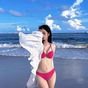 法式泳衣Bikini玫红色比基尼钢托小胸聚拢性感三点式网红拍照泳装