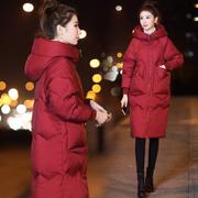 2023女装冬季韩版宽松中长款棉衣外套女红色连帽棉袄大衣加厚