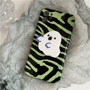 绿色斑马豹纹手机壳+幽灵，气囊支架适用苹果14promaxxr13软光面