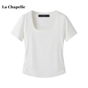 拉夏贝尔/La Chapelle正肩纯色U领短袖T恤女夏季褶皱收腰修身上衣