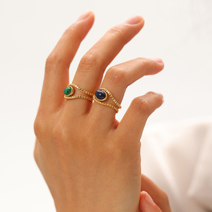 跨境饰品孔雀石戒指小众设计椭圆天然石指环女钛钢戒指不掉色